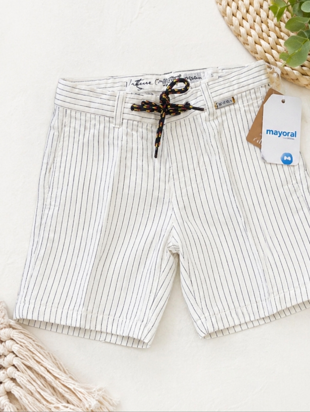 Mayoral Boys Size 4 NWT Cream Charcoal Stripe Drawstring Shorts